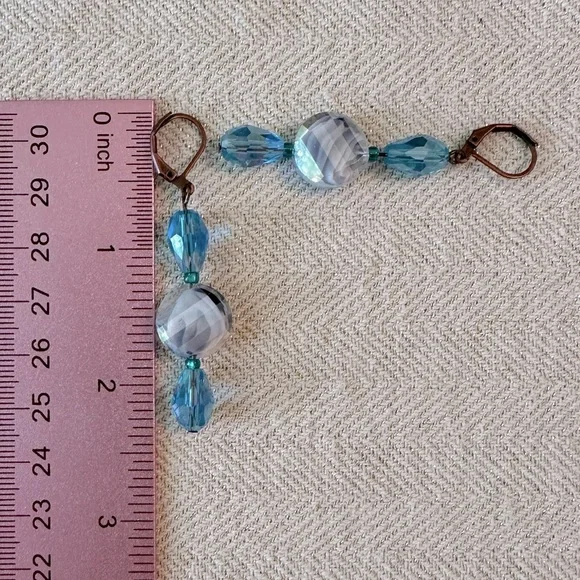 Handmade Antique Copper Teal Blue Green Glass Long Boho Earrings Leverback - Picture 3 of 10